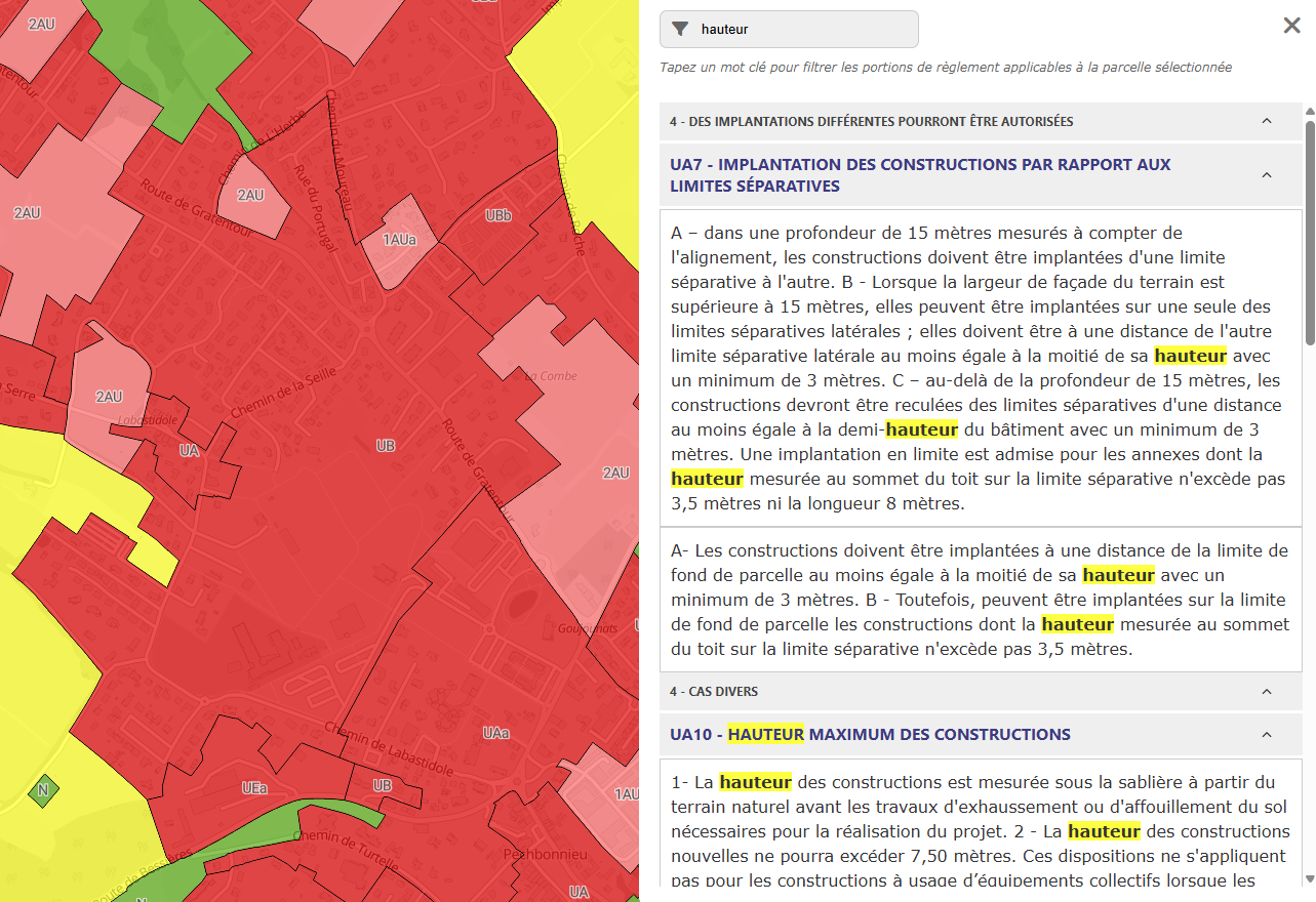 Interface du POC SOGEFI : consultation contextuelle du règlement à la parcelle